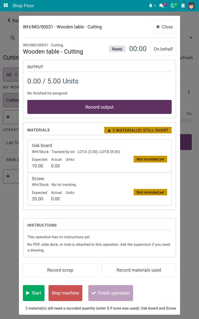 Operation screen of a job that is not started, with the On behalf button