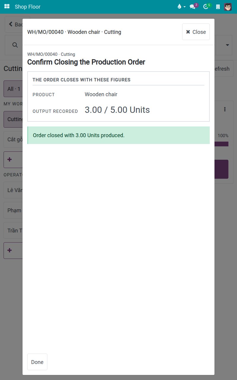 The closing screen after the order is closed on the tablet, confirming the order closed with 3 units produced