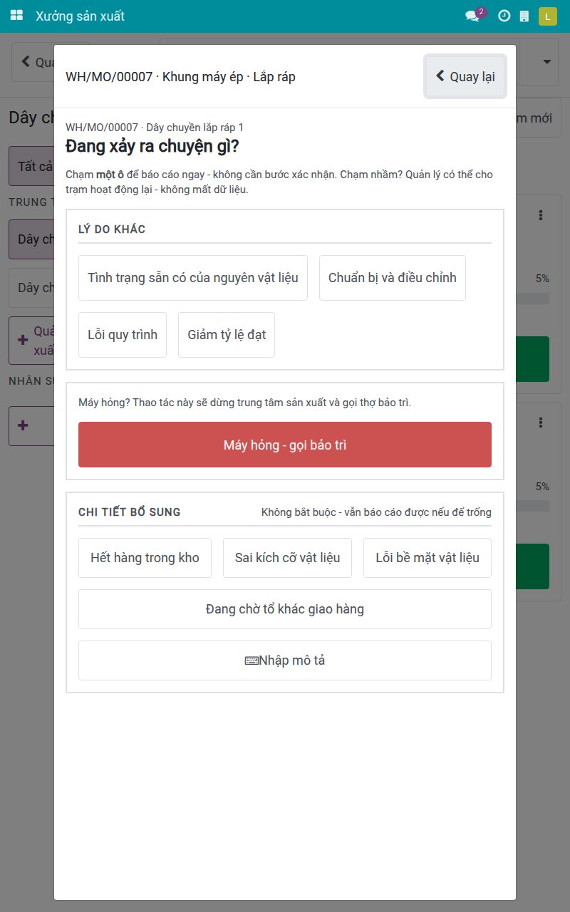 Màn hình Dừng máy với nút đỏ Máy hỏng - gọi bảo trì dưới các lý do dừng thông thường