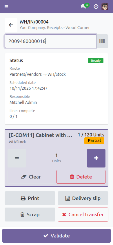 Receive goods by scanning a transfer