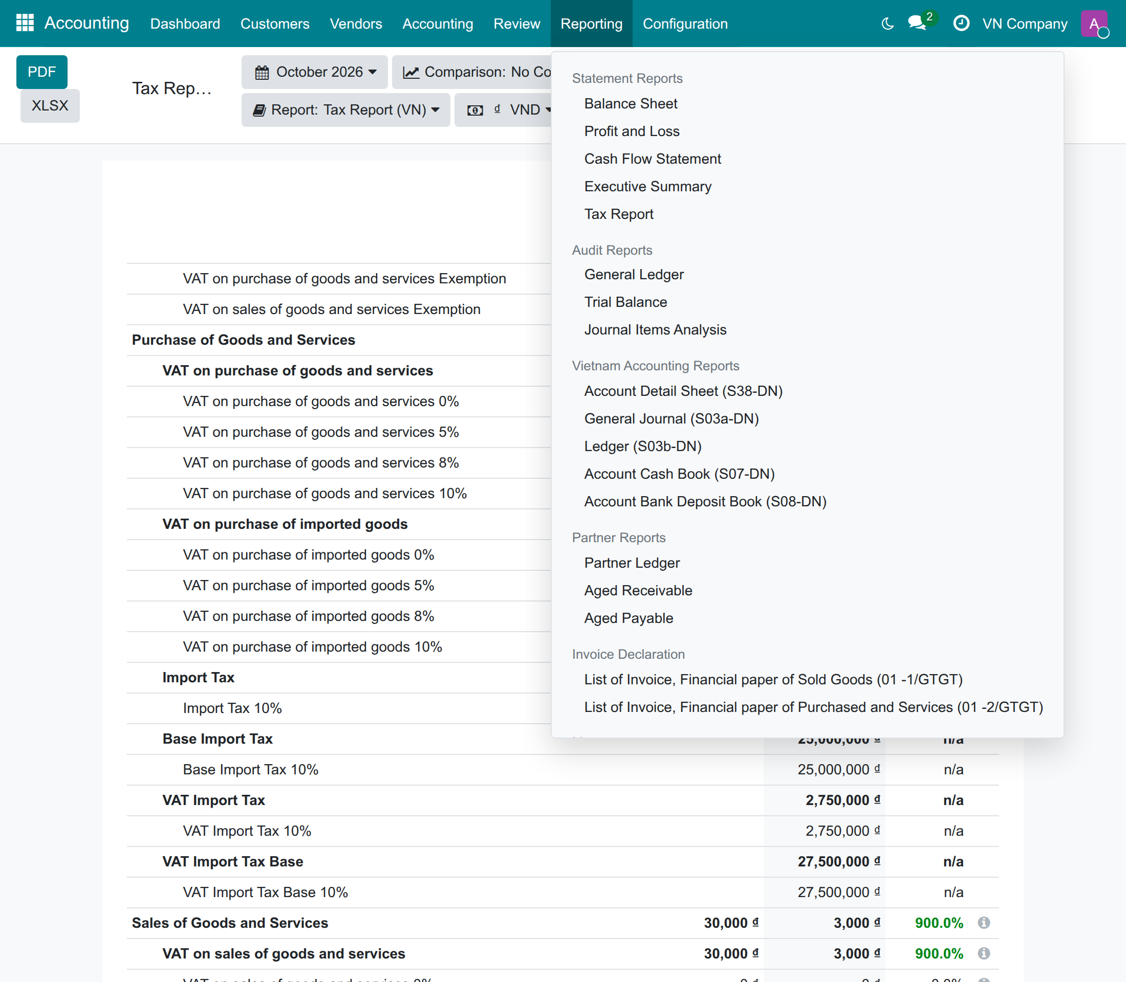 Report menu with the Vietnamese reports