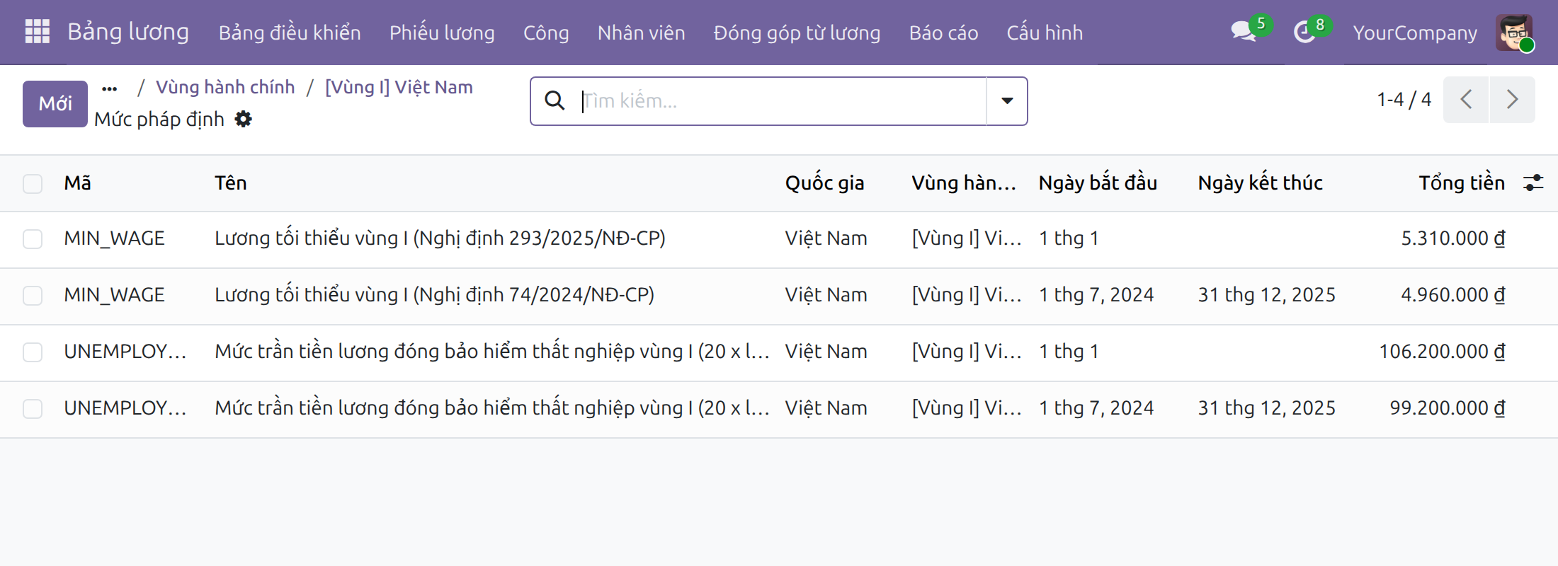 Đọc từng số tiền cùng thời gian hiệu lực