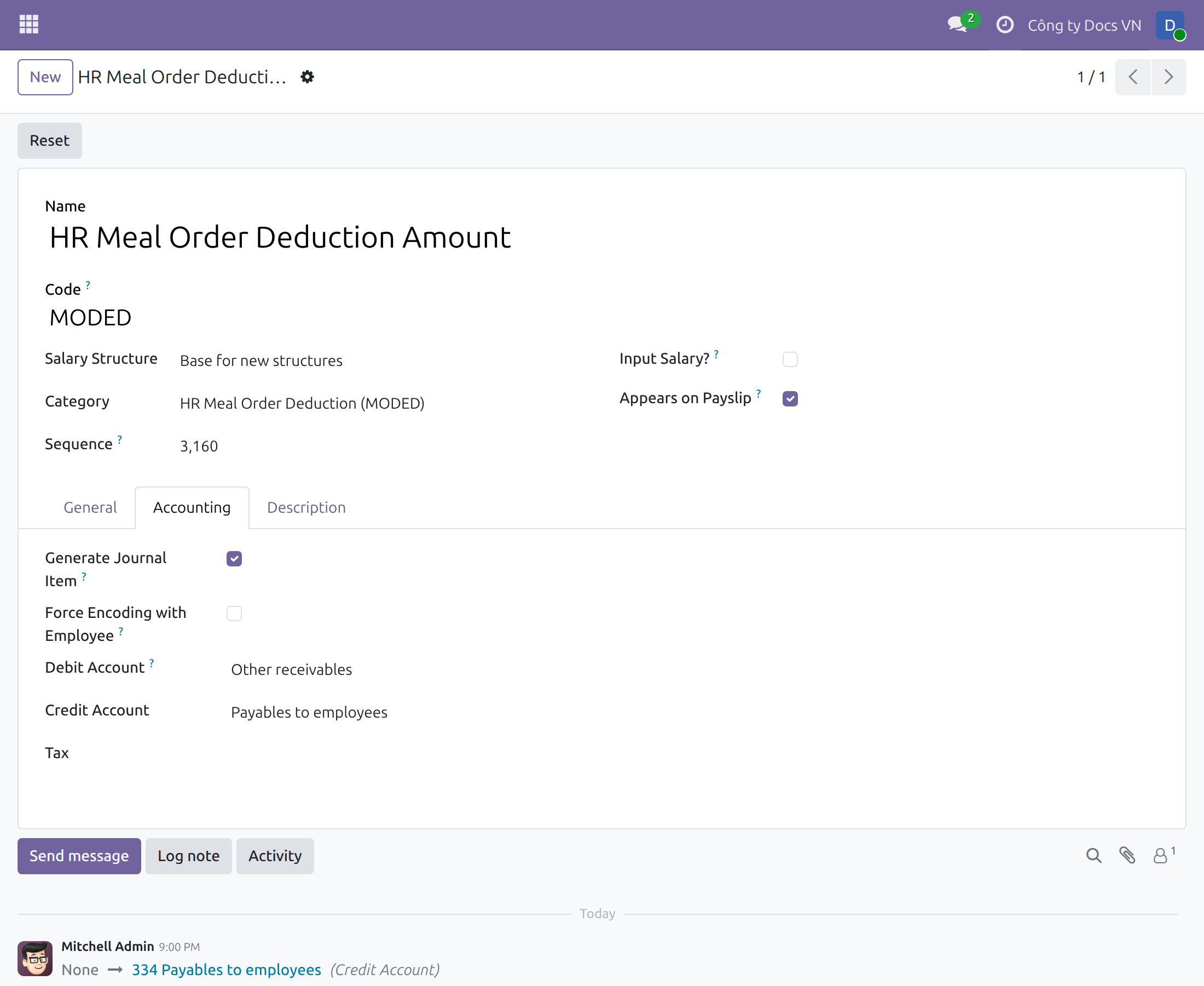 Debit and credit accounts of the meal deduction salary rule