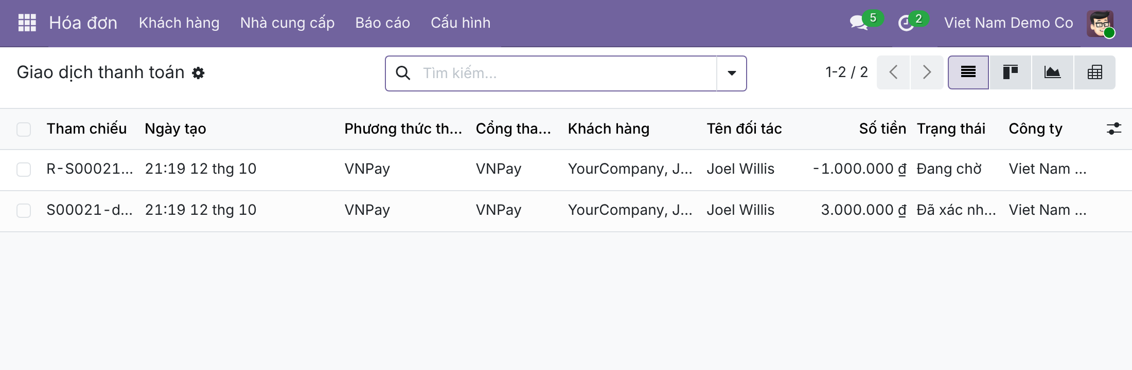 Danh sách giao dịch thanh toán
