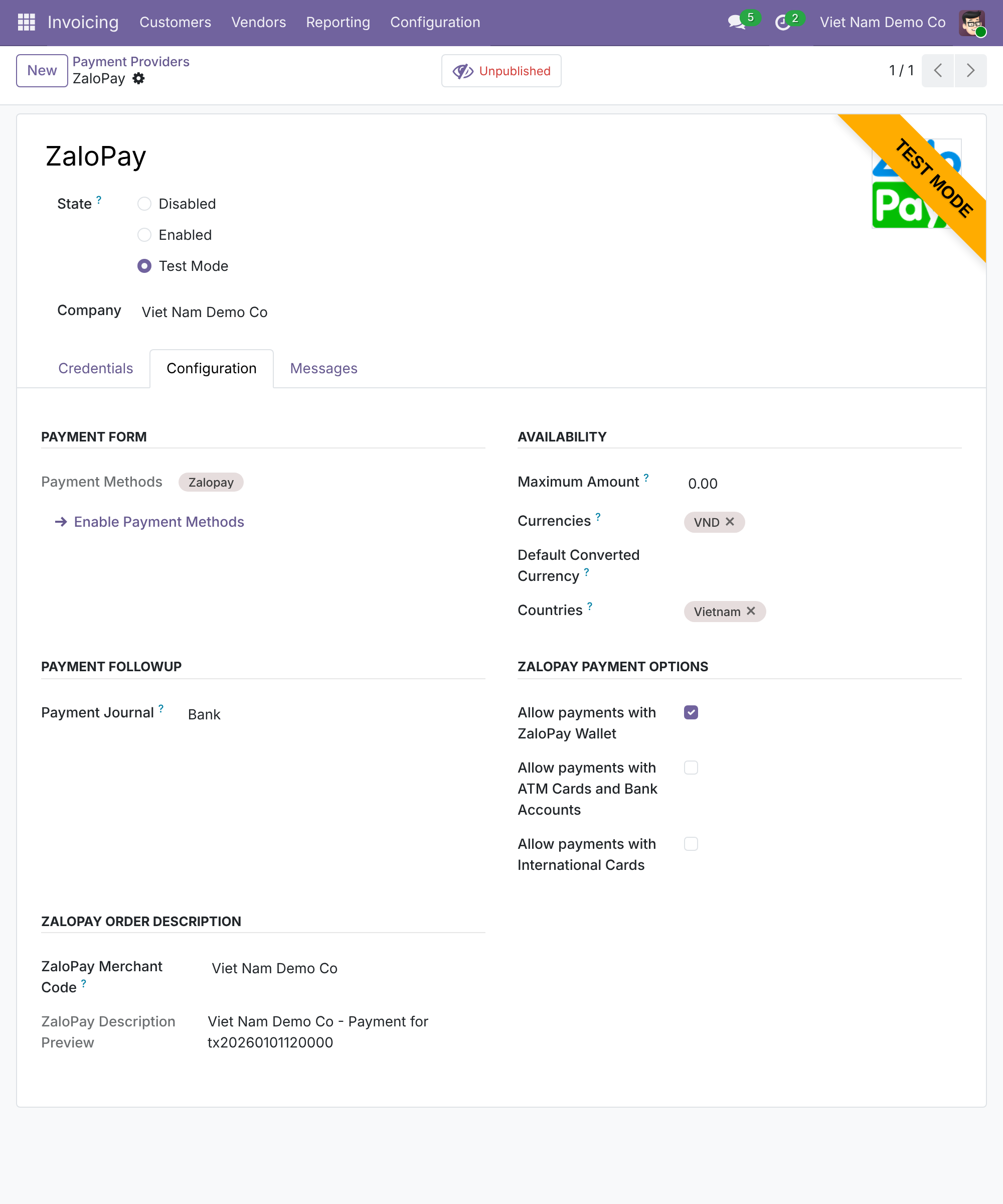 Choose payment options and the merchant name