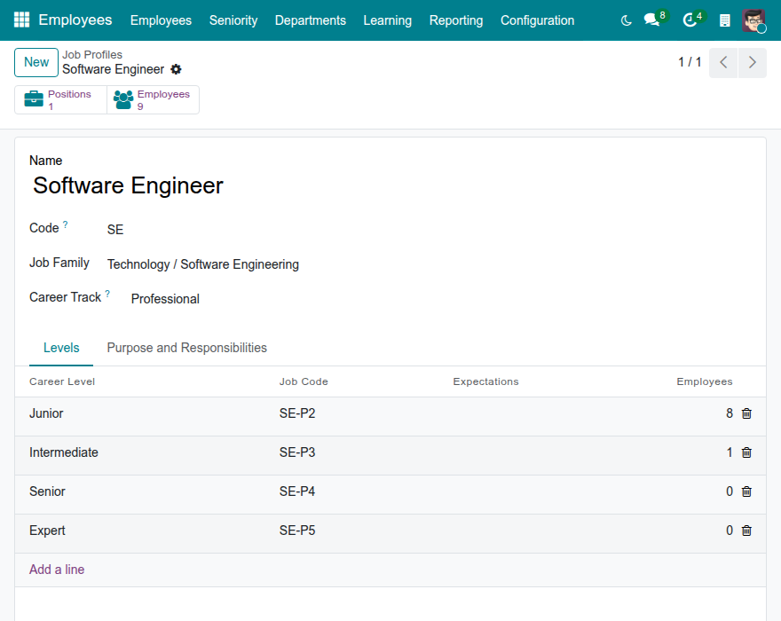A job profile with its levels and job codes