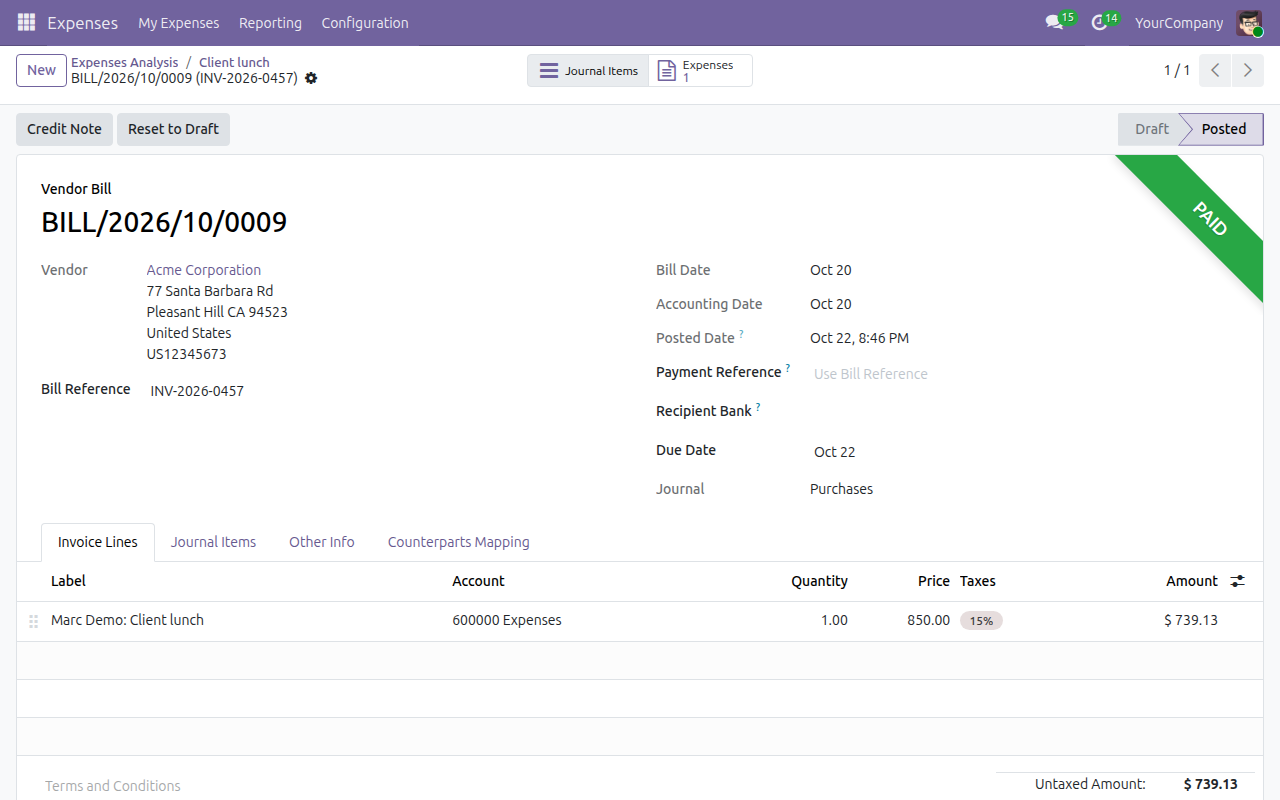 The posted vendor bill created from an expense
