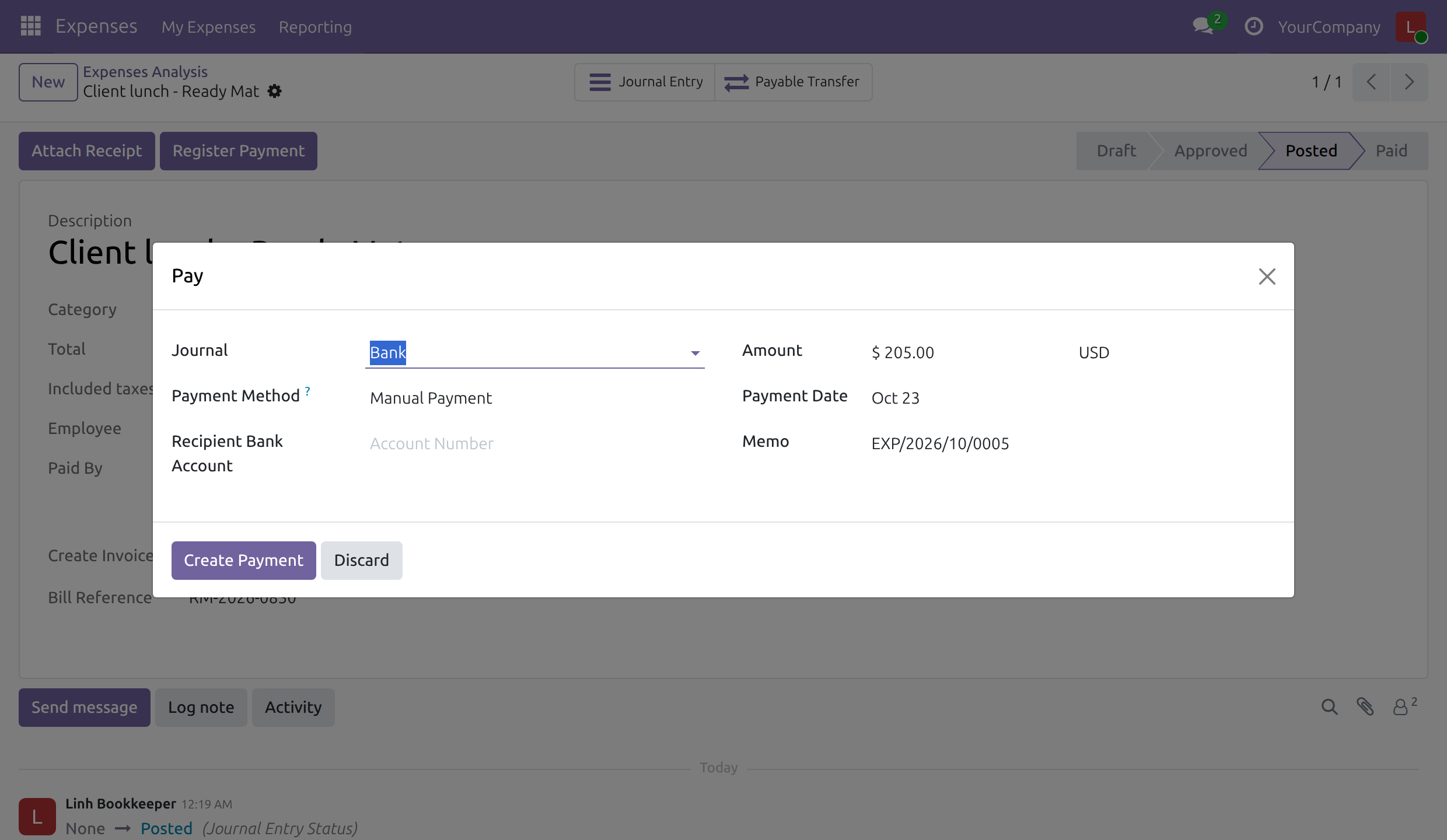 The payment dialog opened from an employee-paid expense, for the full amount owed