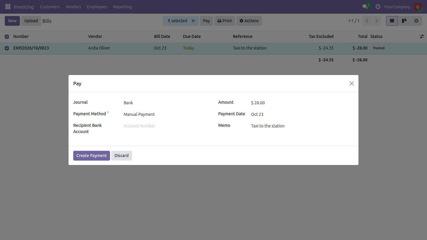 The payment dialog opened from the Bills list for the receipt of an expense reimbursed in payslip