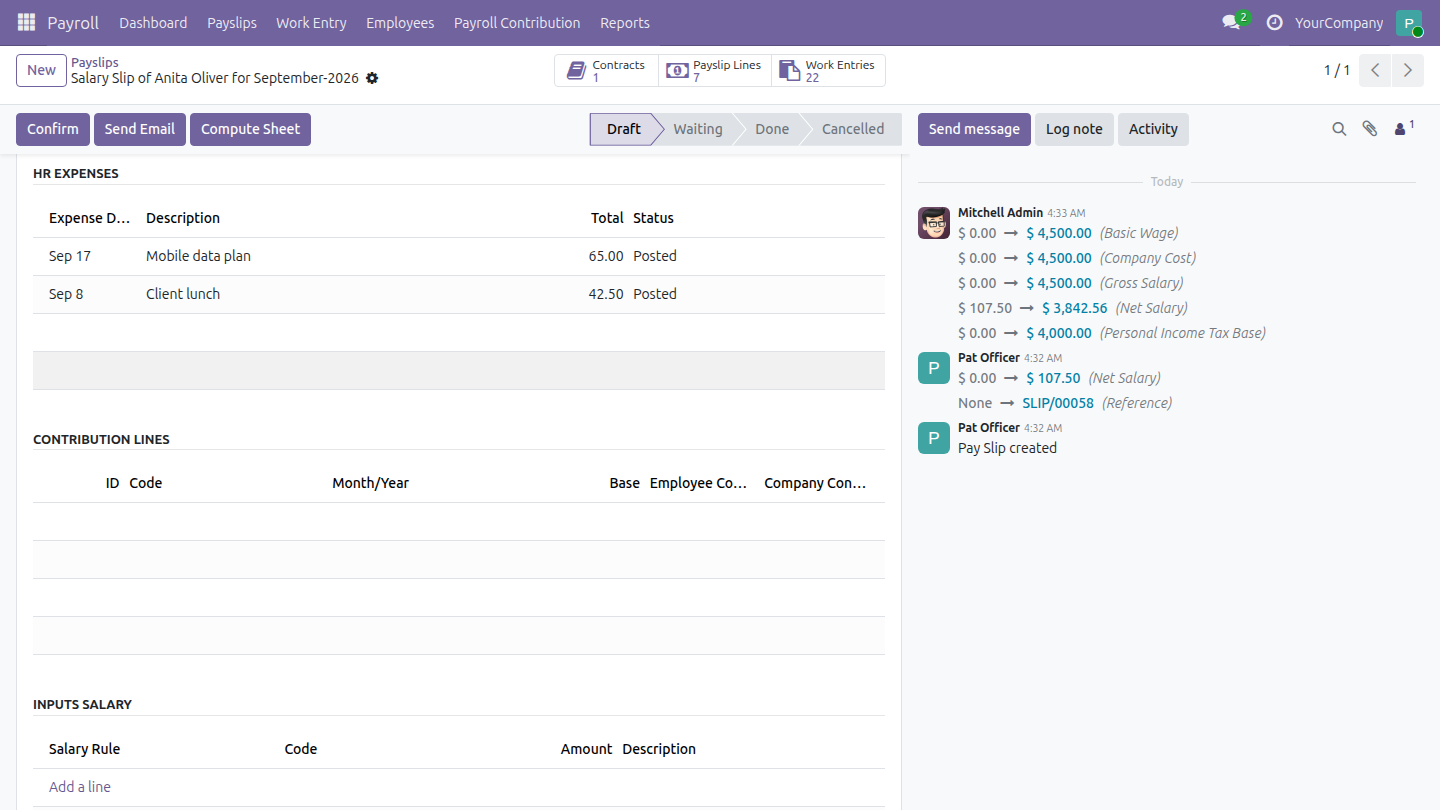 The payslip section listing the posted expenses it repays
