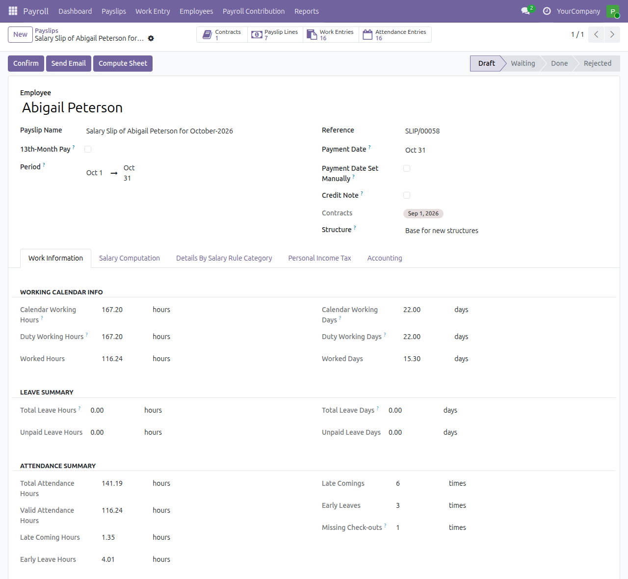 Payslip with its Attendance Summary