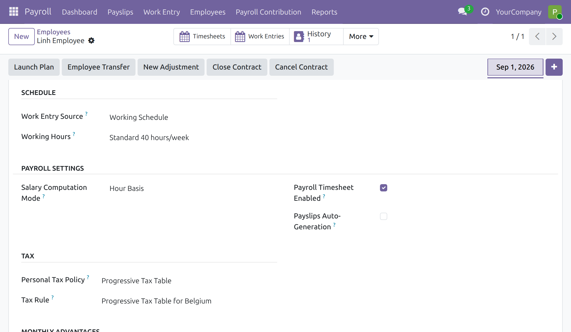 Employee contract with Payroll Timesheet Enabled