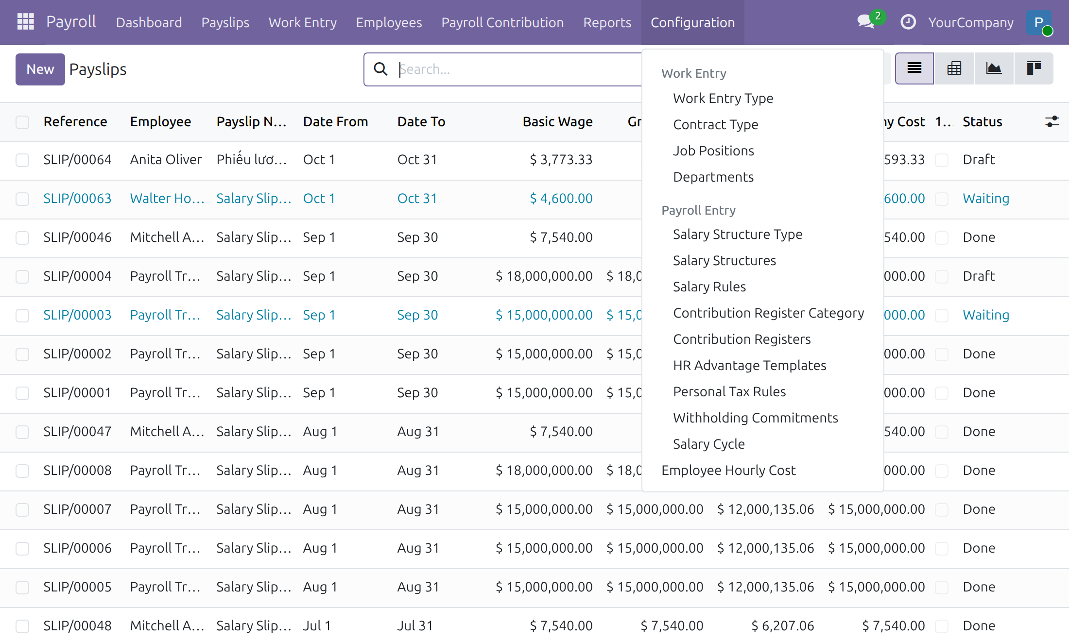 Configuration menu of Payroll with the Employee Hourly Cost entry