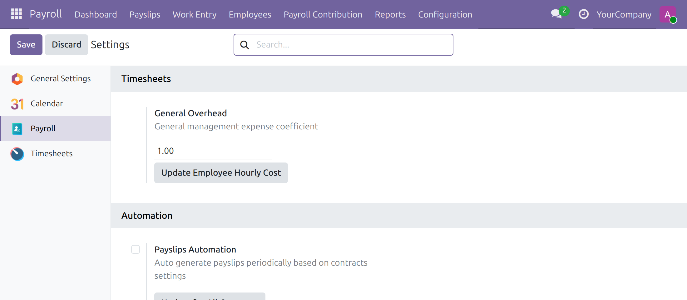 Timesheets block of the Payroll settings with General Overhead and the update button