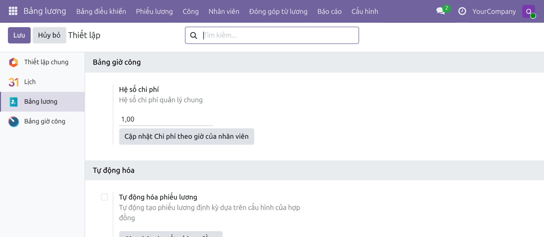 Khối Bảng giờ công trong thiết lập Bảng lương với Hệ số chi phí và nút cập nhật
