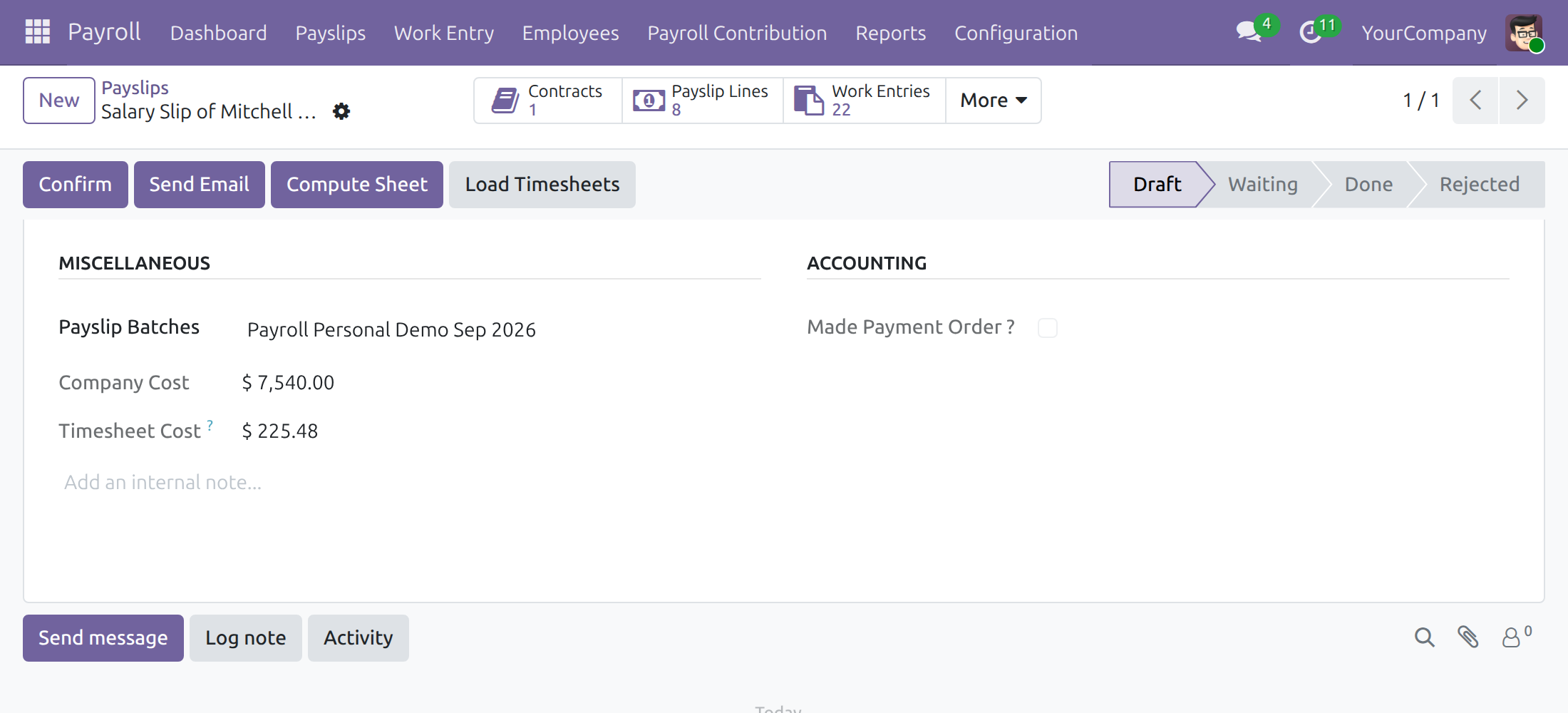 Payslip showing the timesheet cost of the period