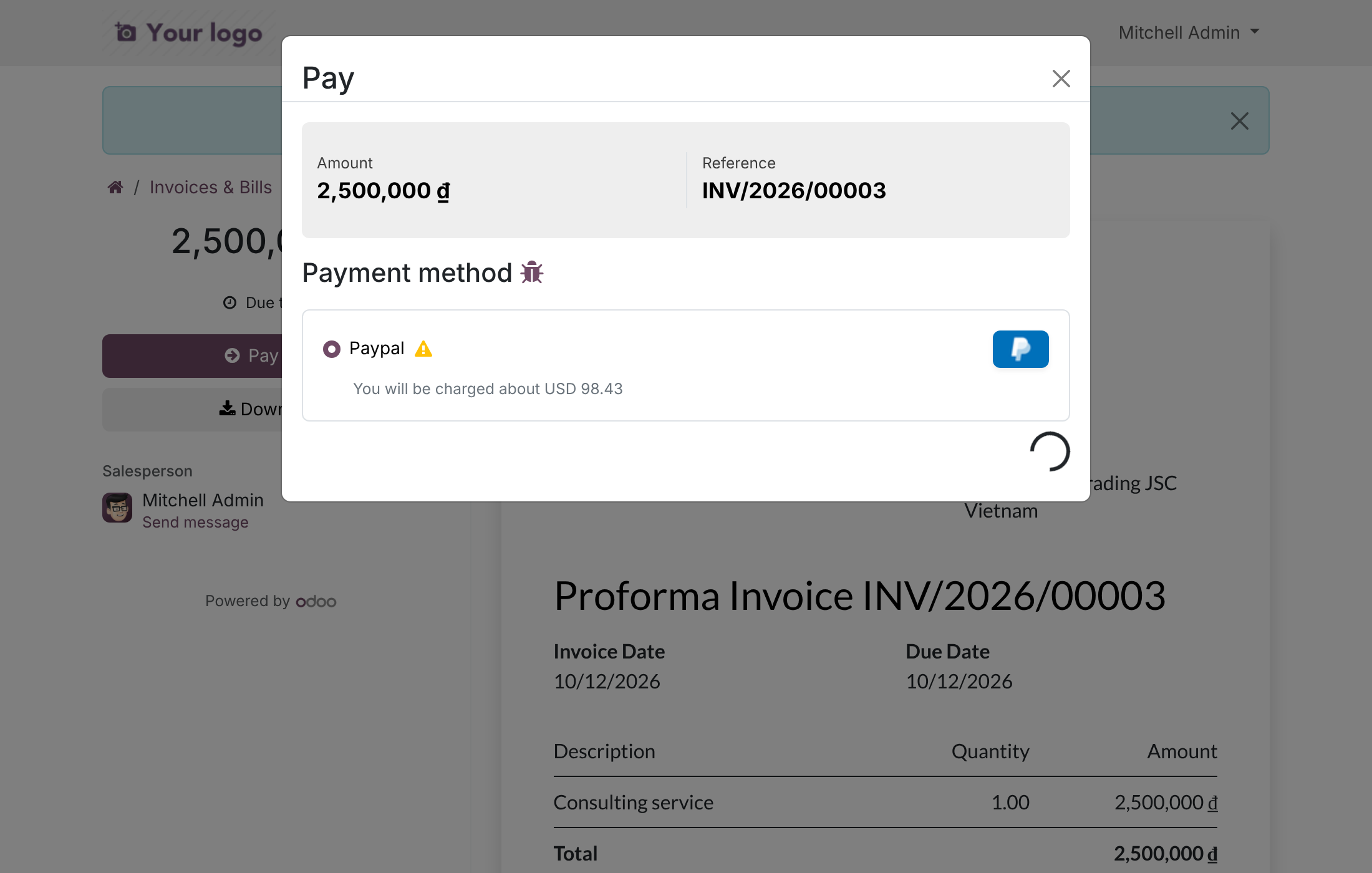 PayPal payment window showing the amount that will be charged in USD