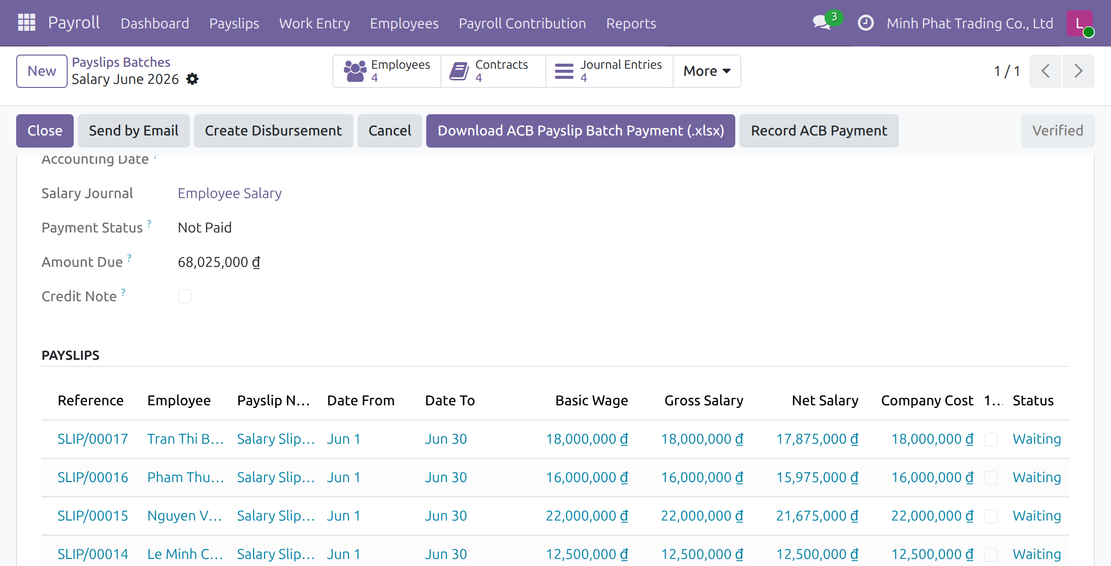 Verified payslip batch with the ACB download button