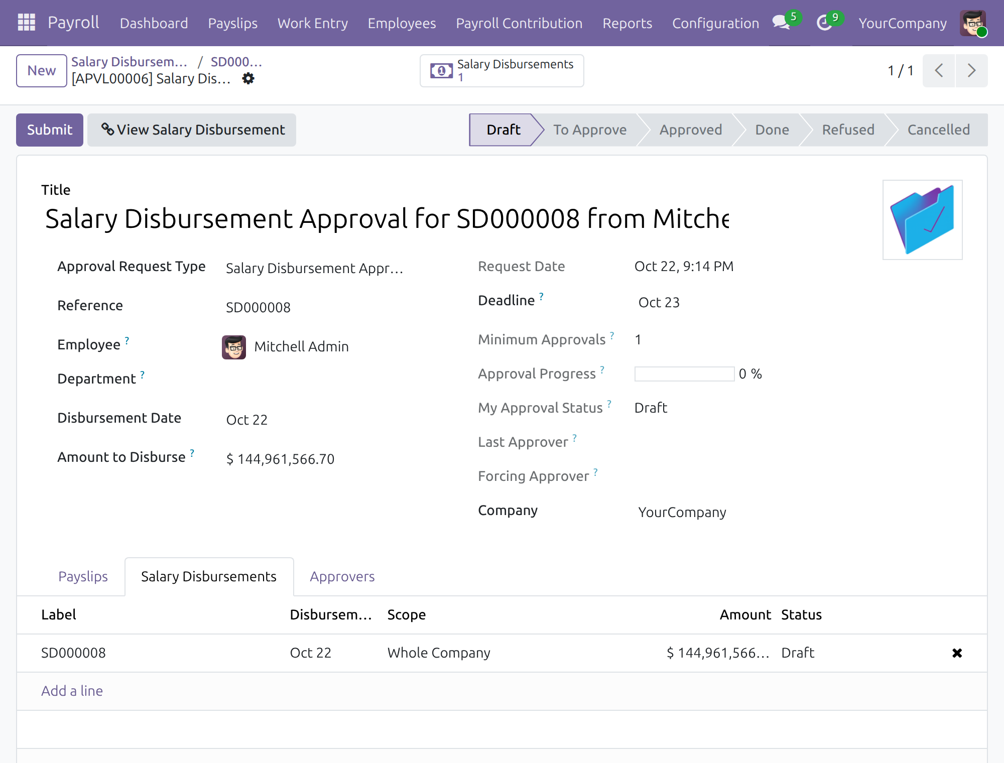 Submit a disbursement and attach it to an approval request