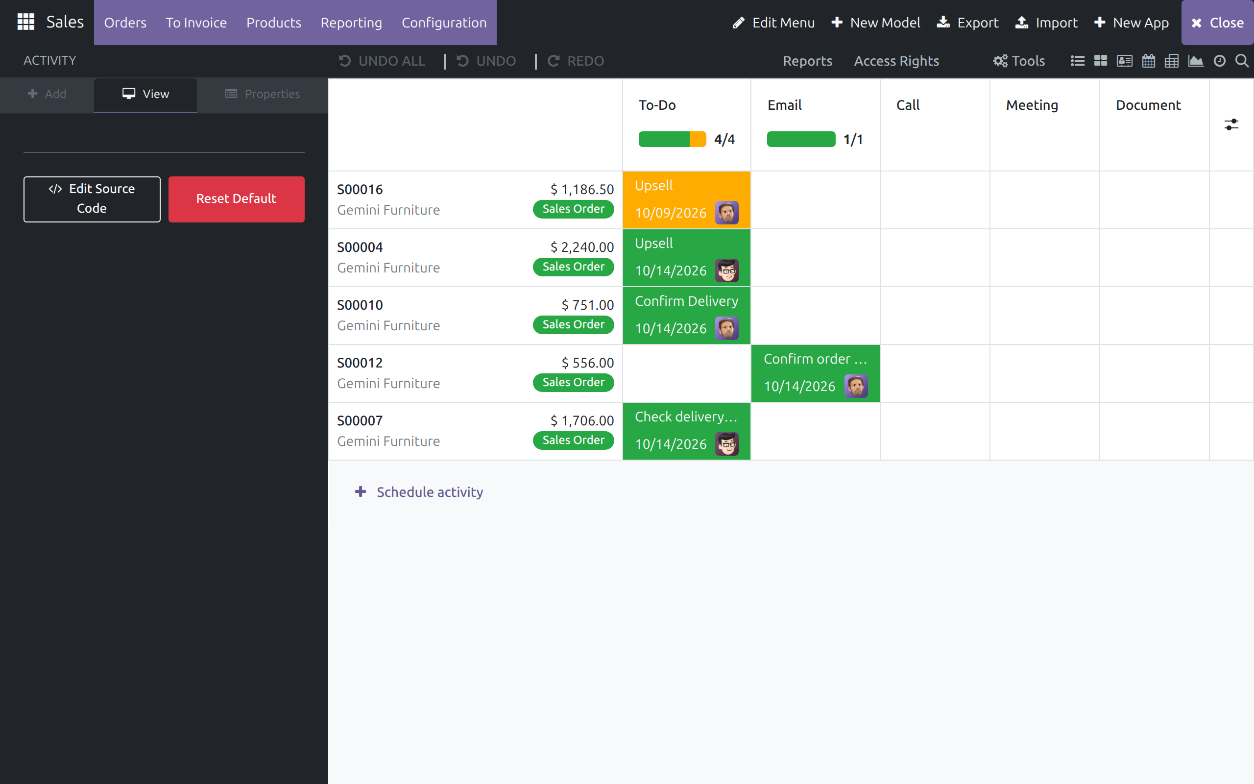 The Activity view's View tab showing only Edit Source Code and Reset Default, next to the activity grid