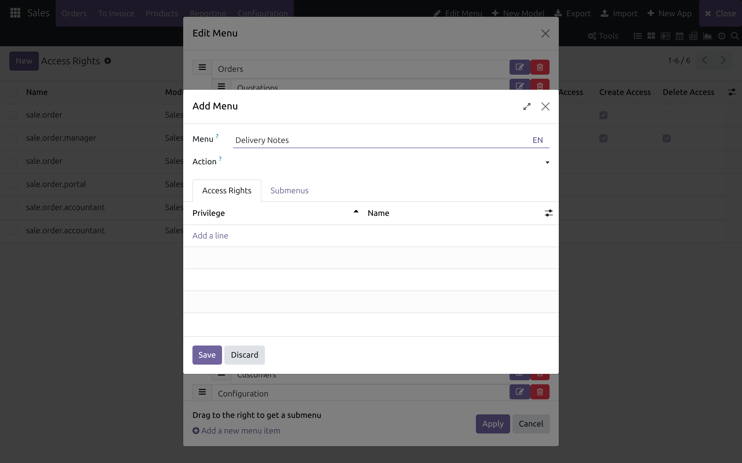 The Add Menu dialog with its Menu and Action boxes, the Access Rights and Submenus tabs, and the Save and Discard buttons