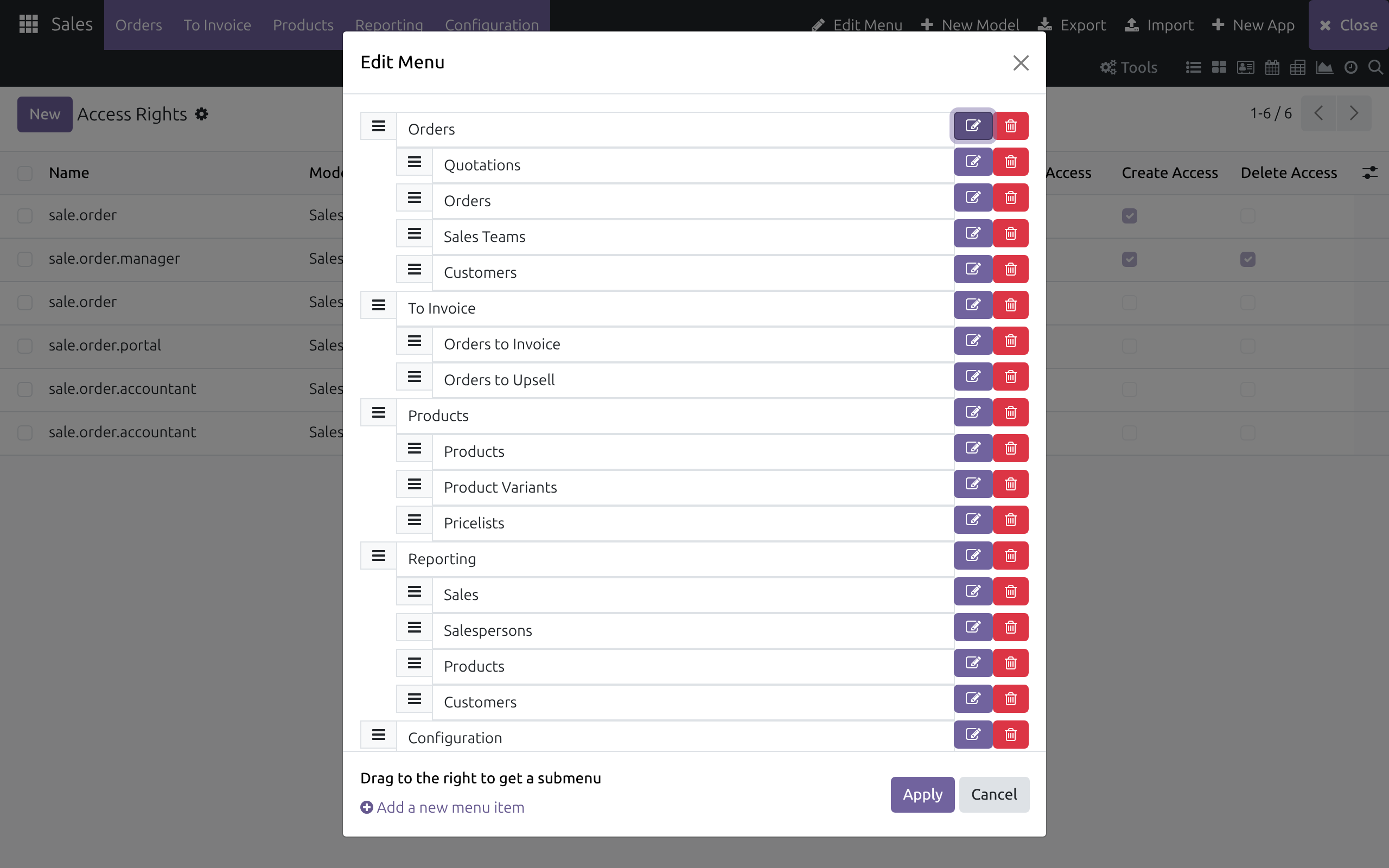The Edit Menu dialog listing the Sales menu tree, with a drag handle plus a pencil and trash icon on each row, and the Apply and Cancel buttons