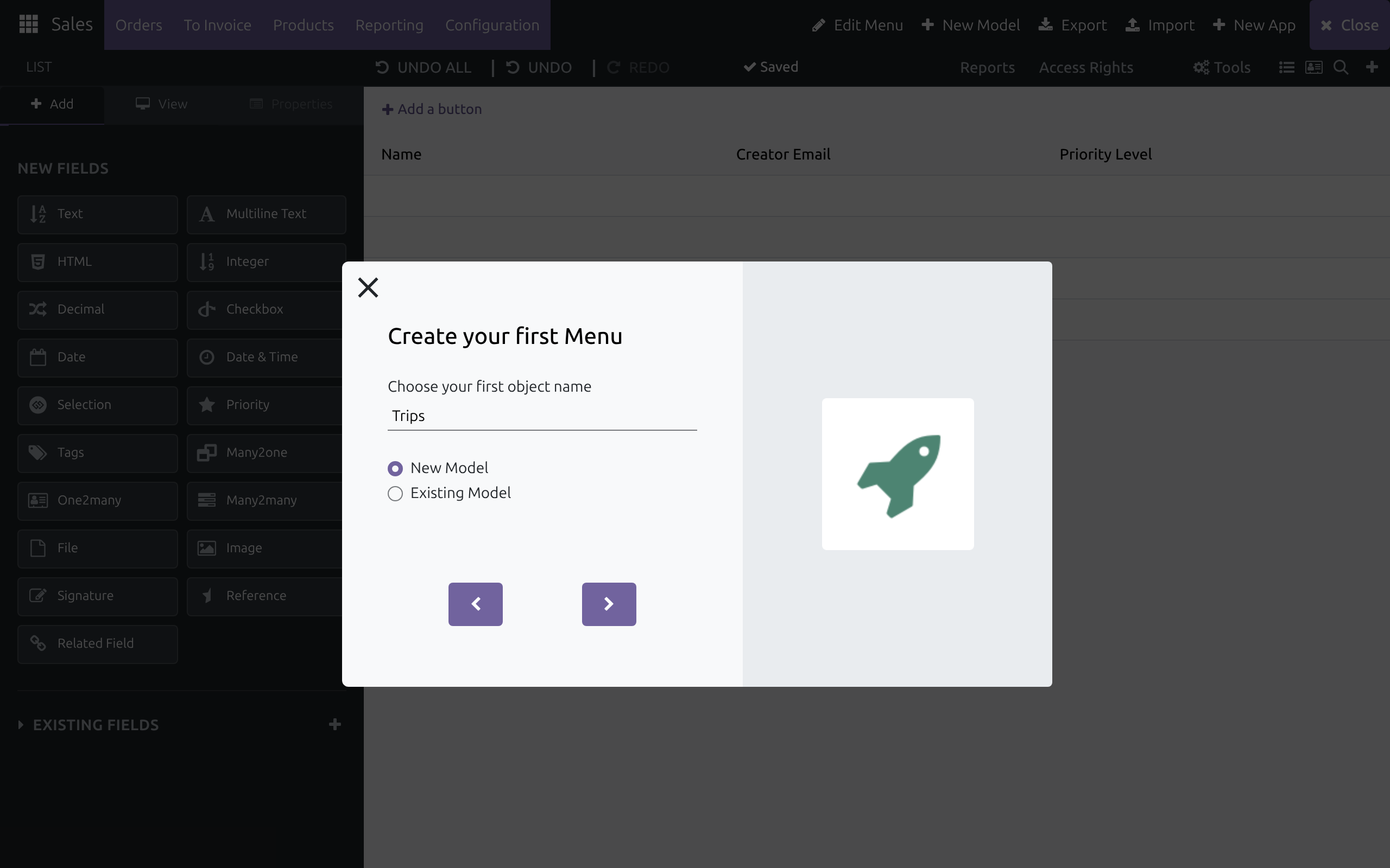 The app creator's Create your first Menu page with the object name and the New Model and Existing Model choice