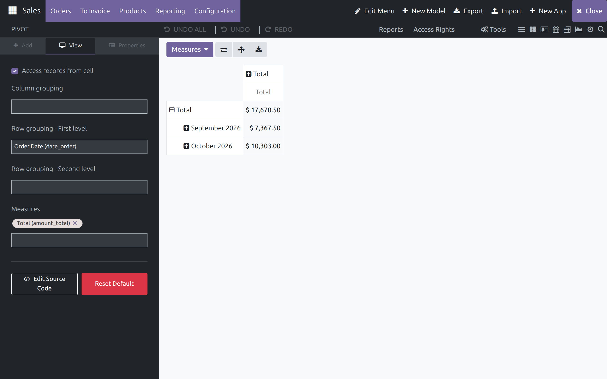 The Pivot view's Access records from cell, grouping and Measures options next to the redrawn pivot grid