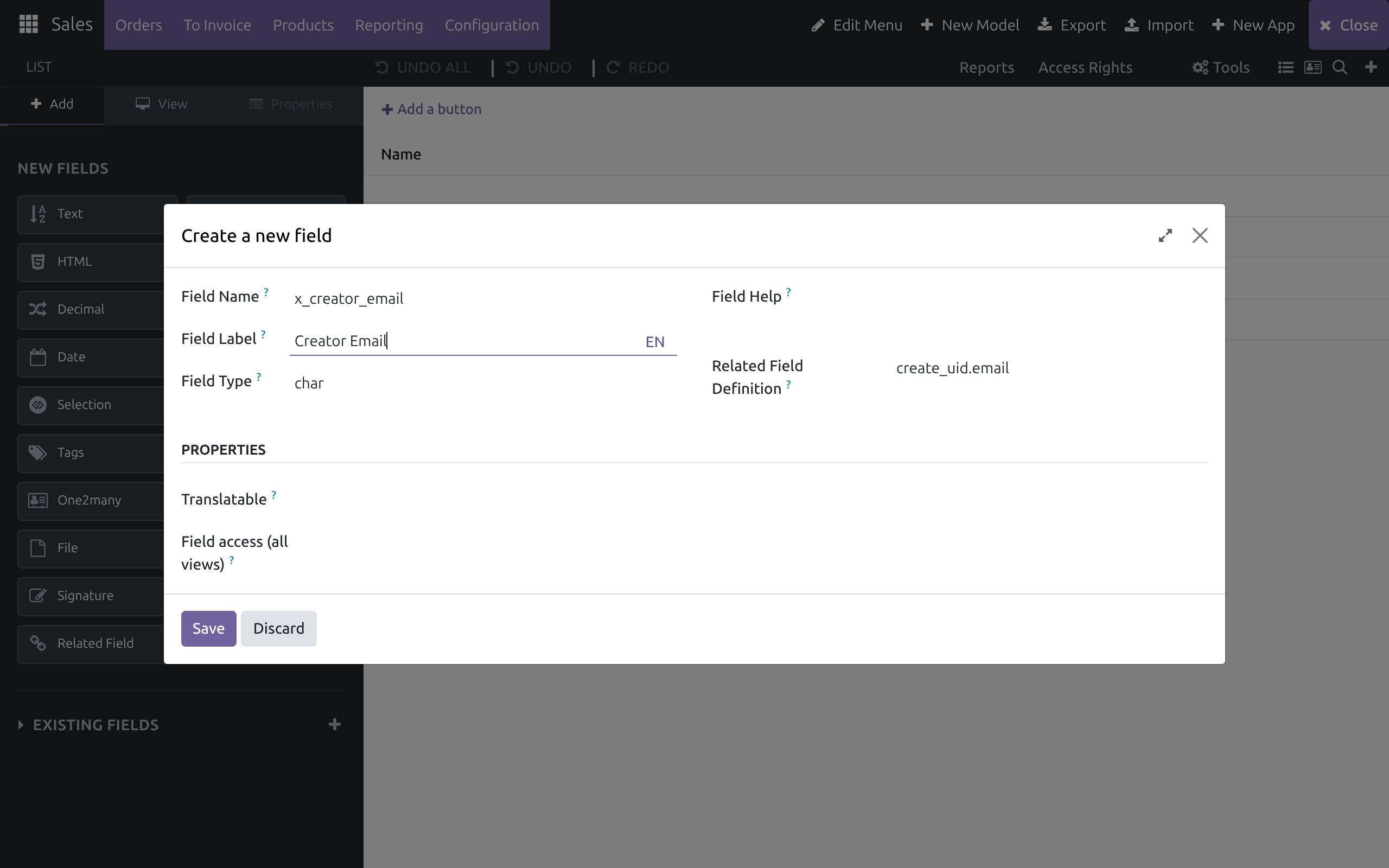The Create a new field dialog for a related field, with a dotted source path in Related Field Definition and Field Type filled in automatically