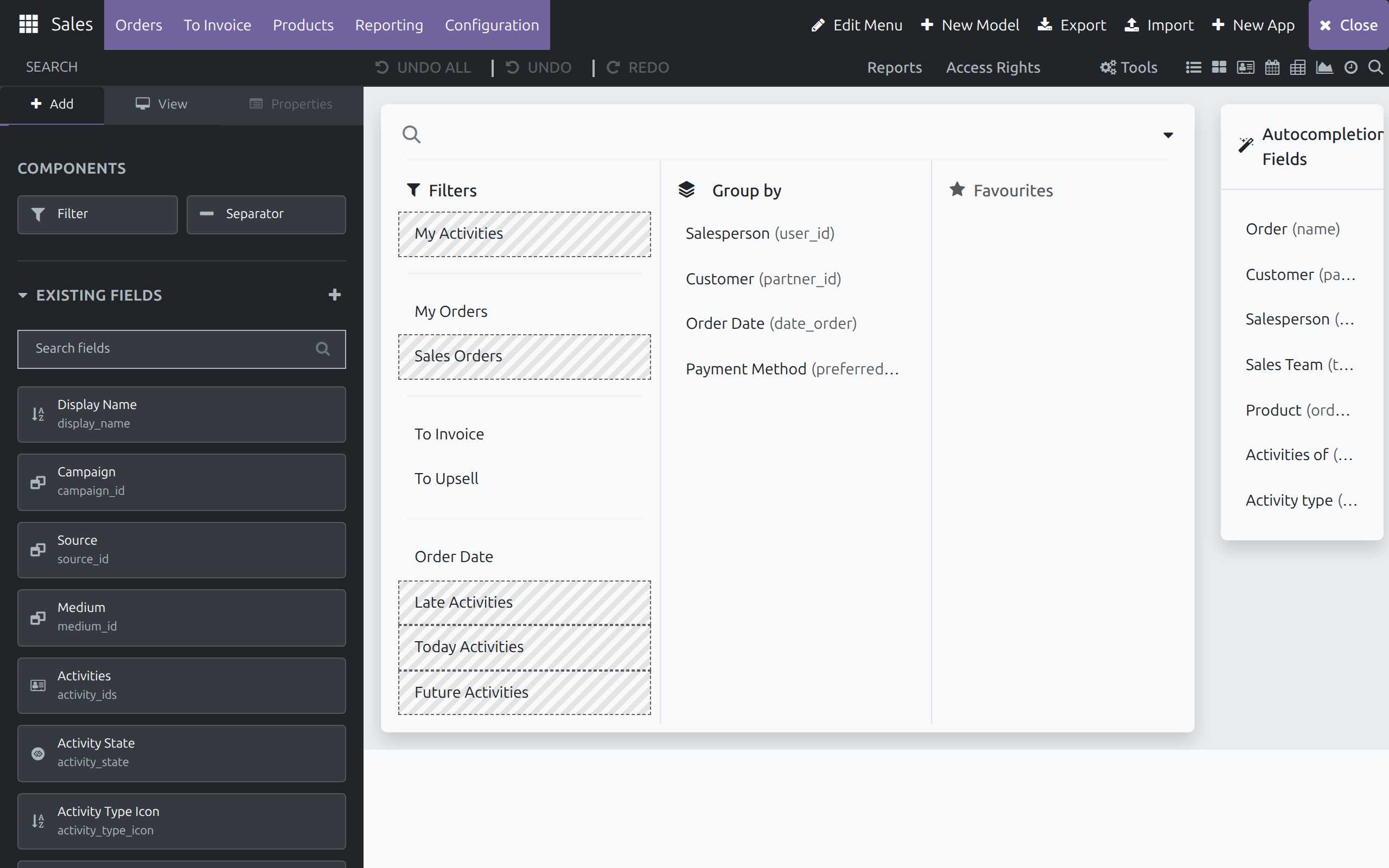 The search view canvas with the Filters, Group by, Favourites and Autocompletion Fields zones, hidden filters hatched, next to the Add tab's Filter and Separator components