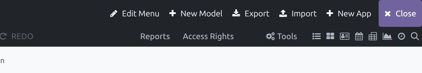 The top bar and the toolbar's right side with Reports, Access Rights, Tools and the view-switcher icon group