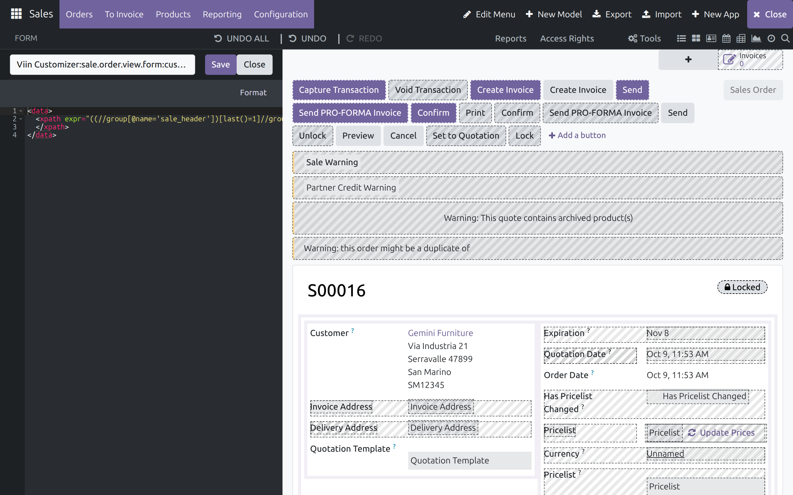 The source editor's resource picker with the Save and Close buttons, the Format button and the XML of the customization, next to the form canvas