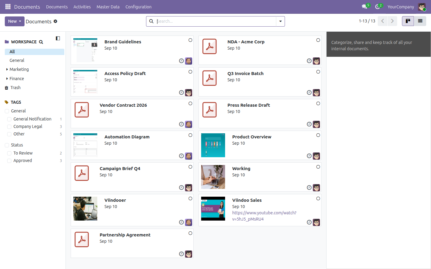 Màn hình kanban của app Tài liệu, panel tìm kiếm bên trái đang mở cây Thư mục với Marketing và Finance, lưới hiển thị mười ba tài liệu với nhiều chủ sở hữu khác nhau.