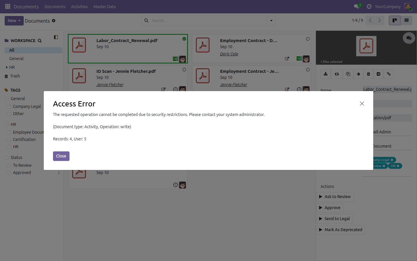 An Access Error dialog shown to an HR Officer completing a review action