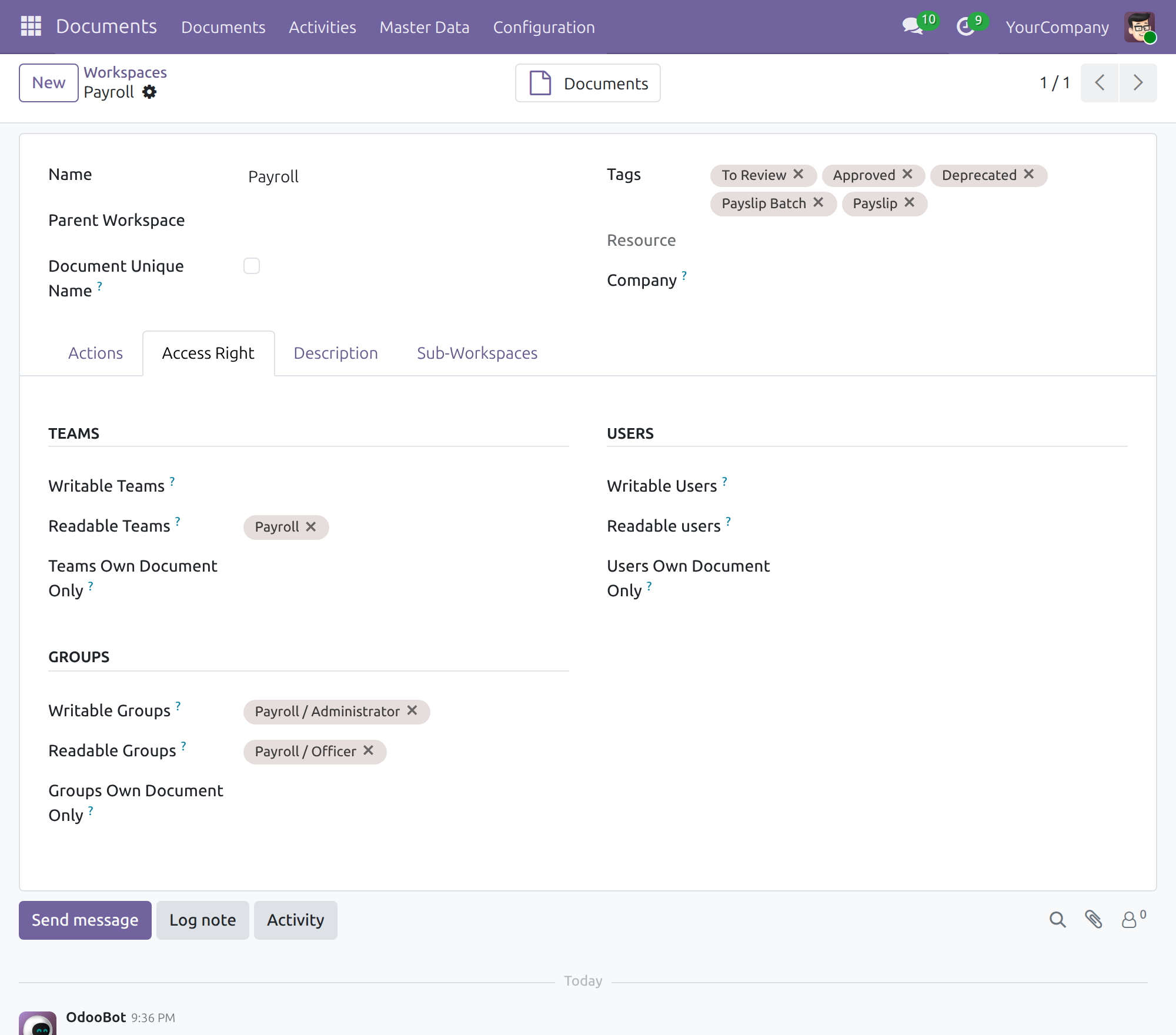 Access rights of the Payroll workspace
