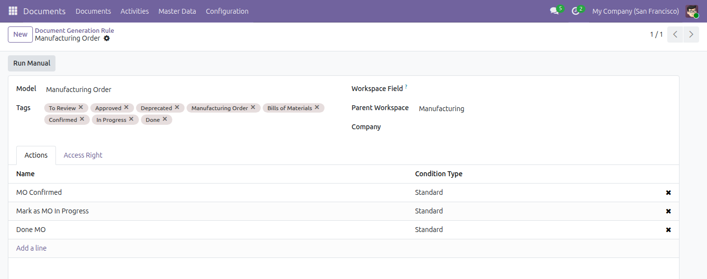 The Document Generation Rule for Manufacturing Order, with an empty Workspace Field and Parent Workspace set to Manufacturing