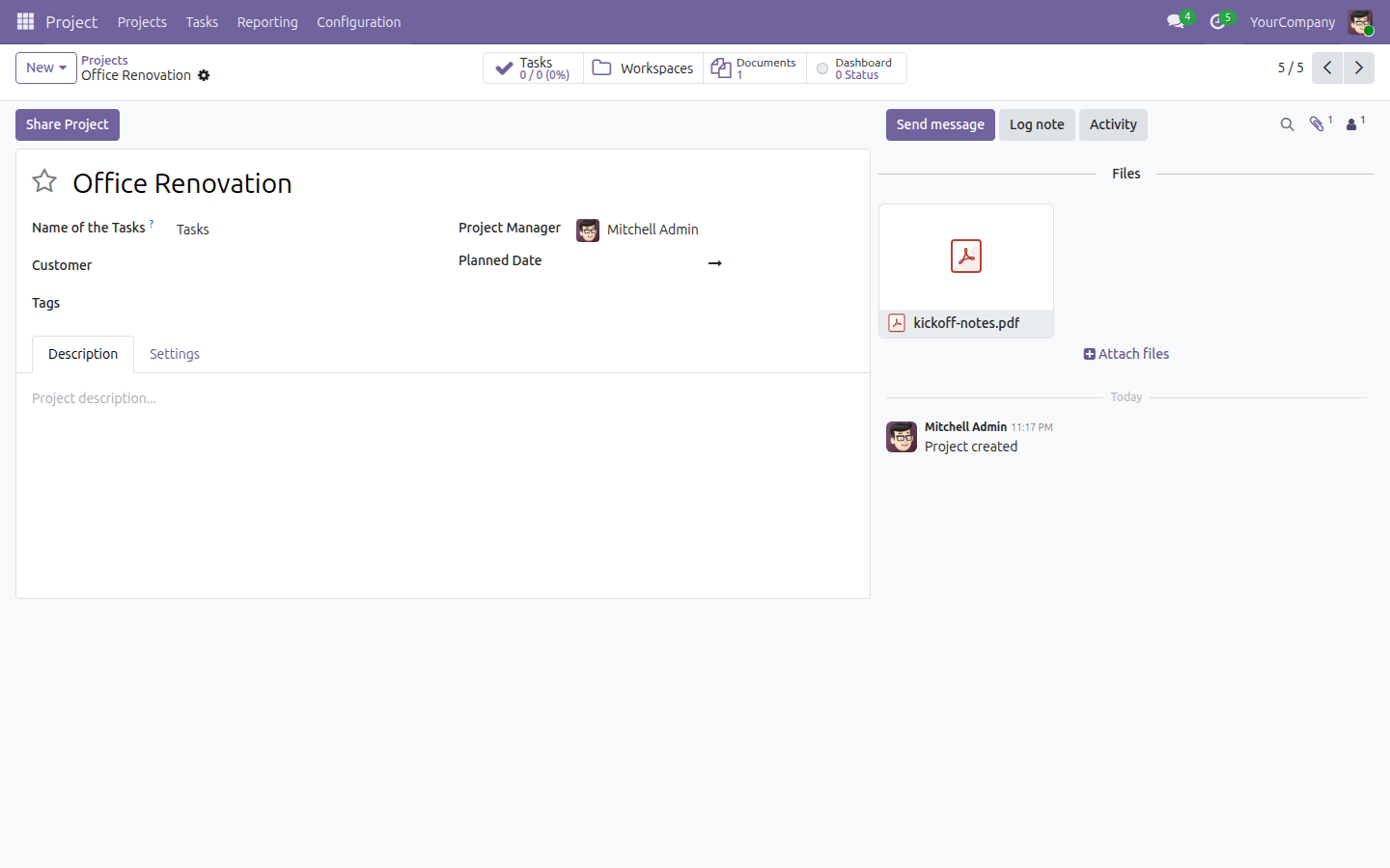 Project form showing the Workspaces and Documents stat buttons after attaching a file
