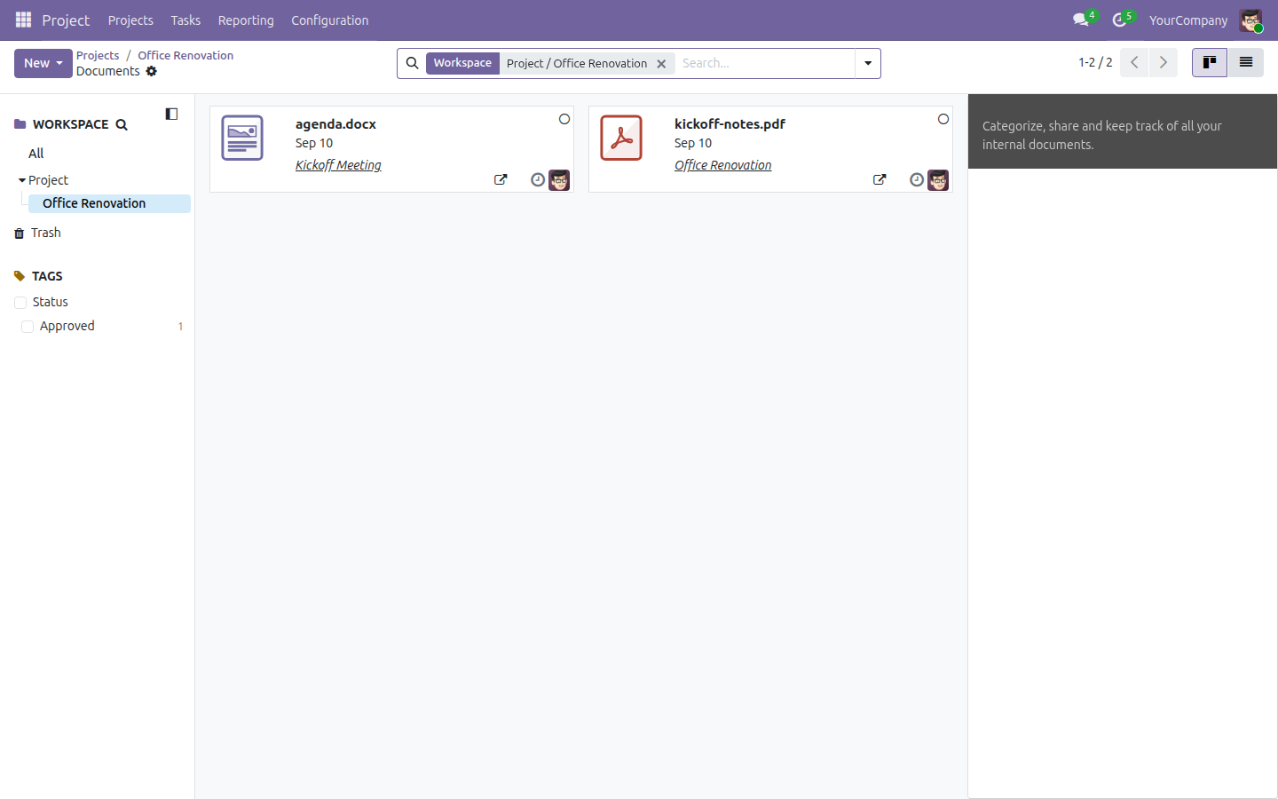 Project Documents view now showing both the project's own file and the task's file together