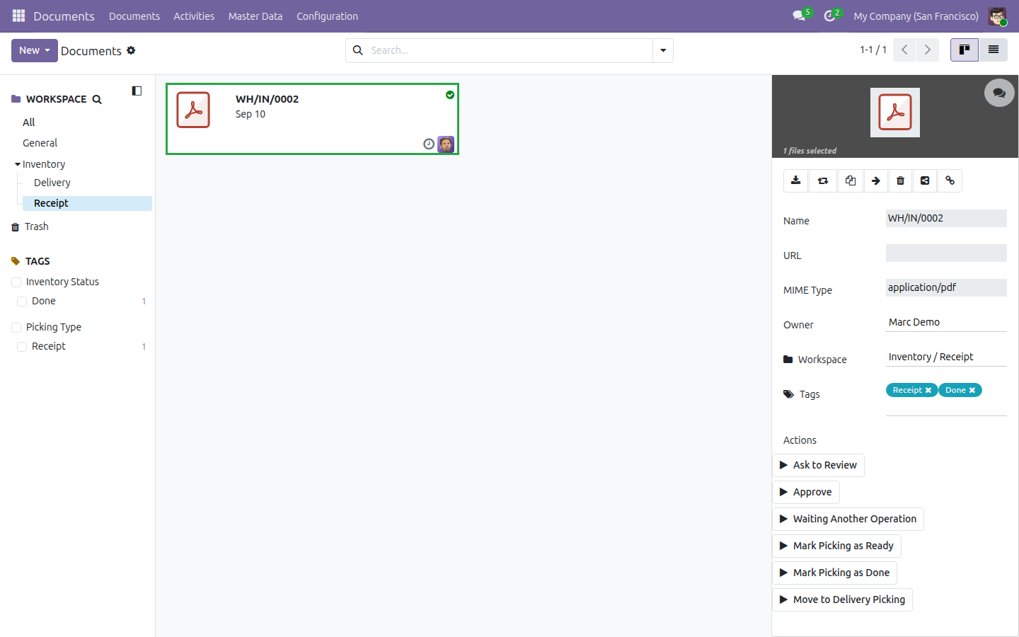 The demo sample document in the Receipt sub-folder, tagged Receipt and Done, with the demo Move to Delivery Picking action available