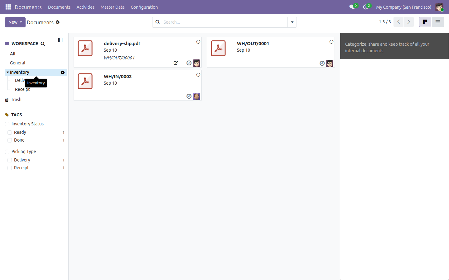 The Documents app with the Inventory workspace open and a filed document card visible