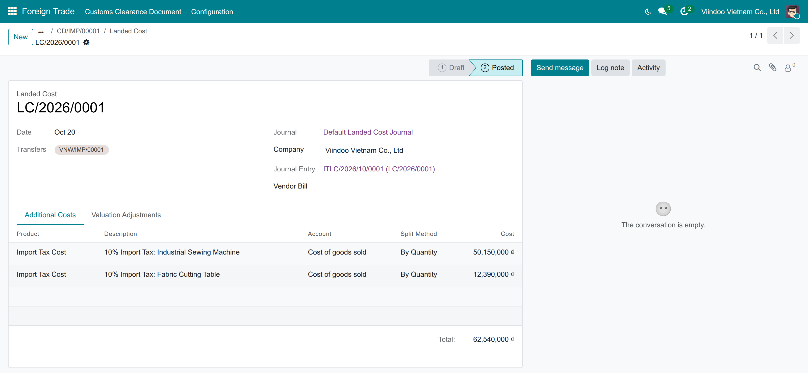 Posted landed cost LC/2026/0001 with the import tax cost lines split by quantity
