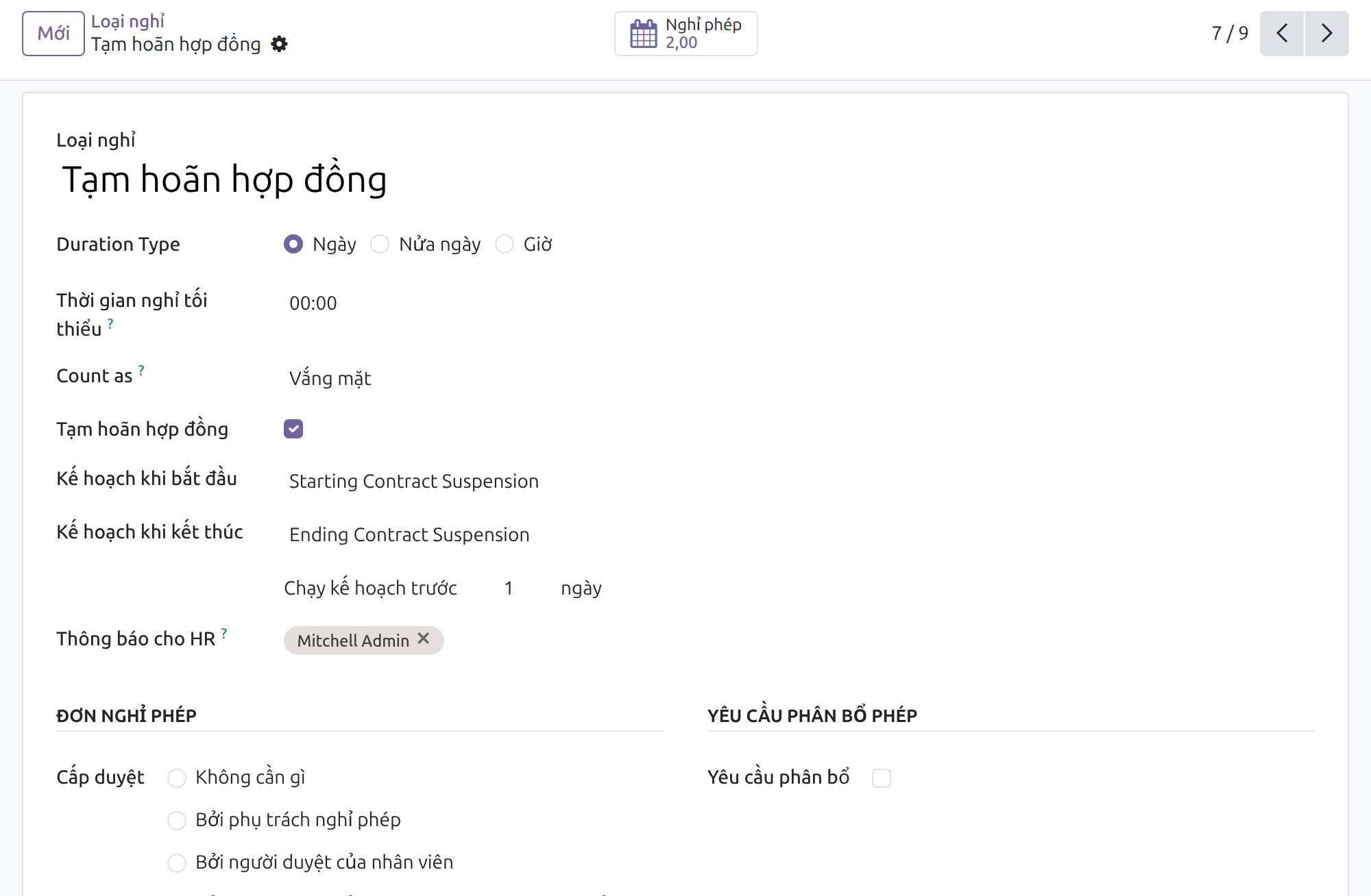 Thiết lập loại nghỉ Tạm hoãn hợp đồng