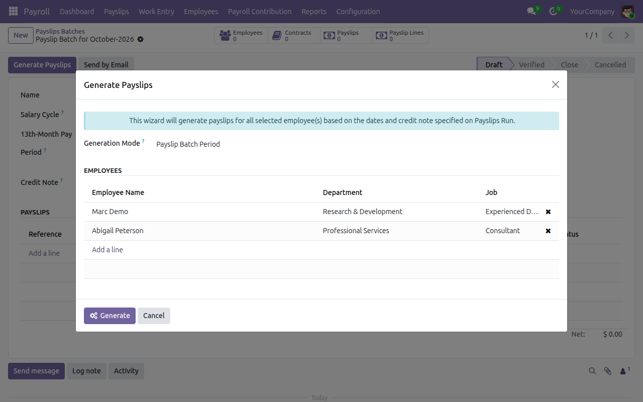 Generate the payslips of a period