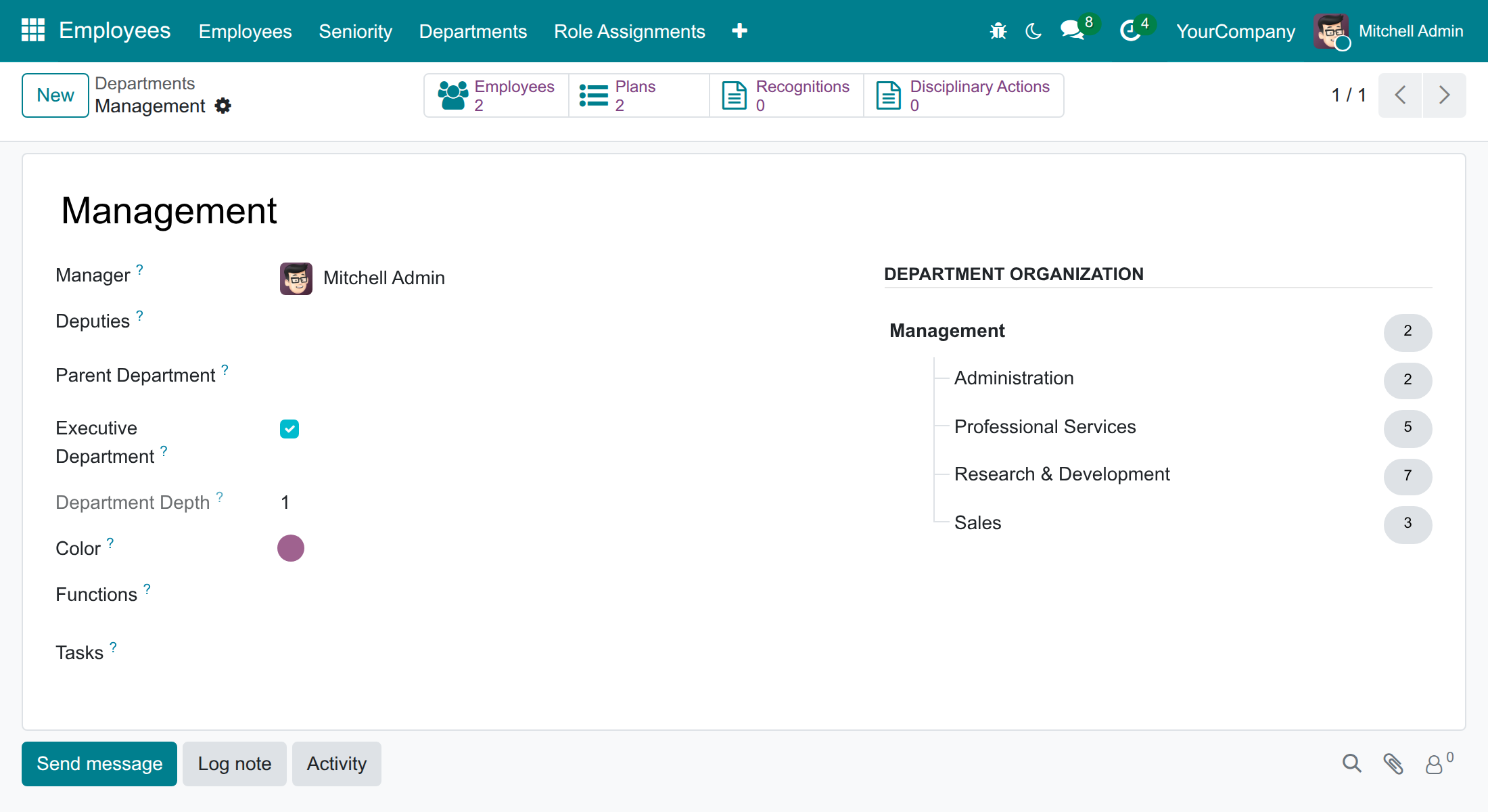 The form of a top-level department with the Executive Department box ticked and its Department Depth