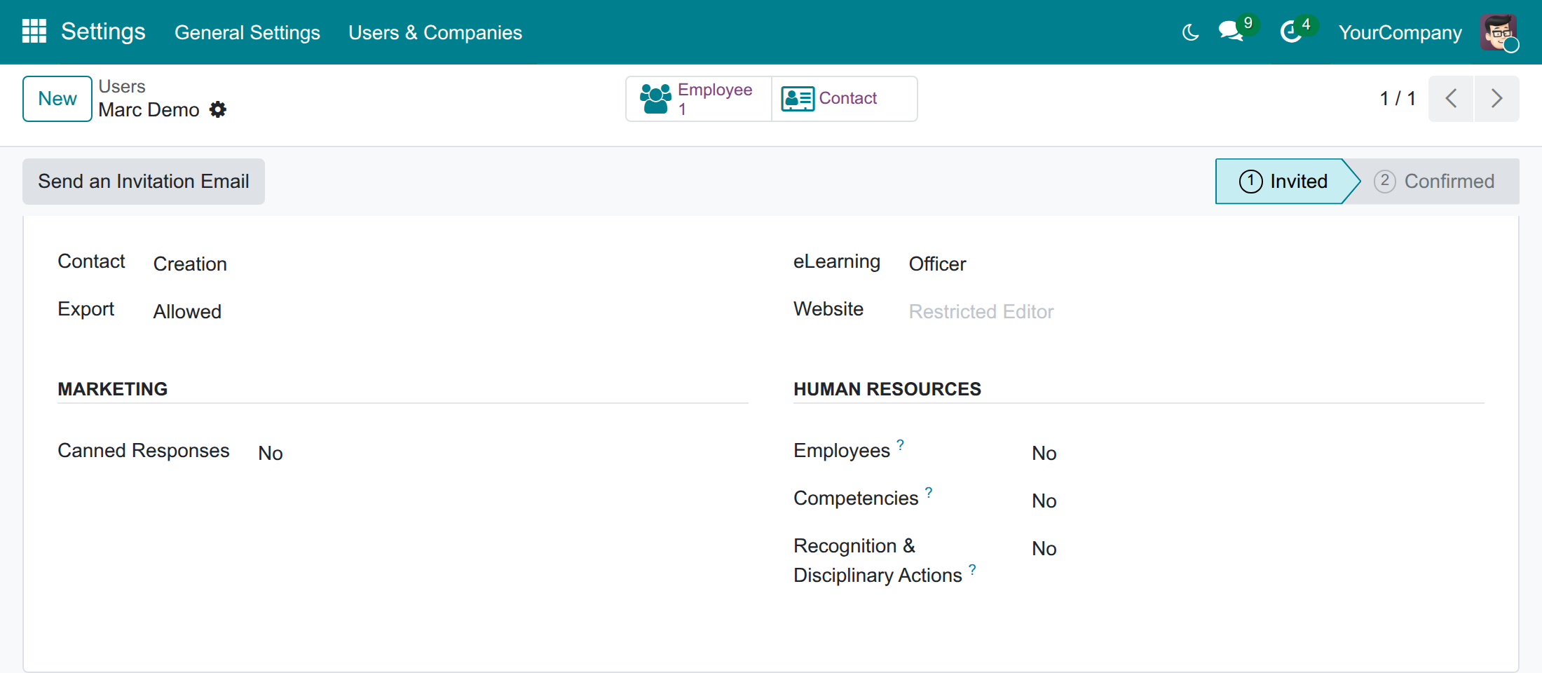 The Human Resources section of the access rights of a user, with the Competencies line