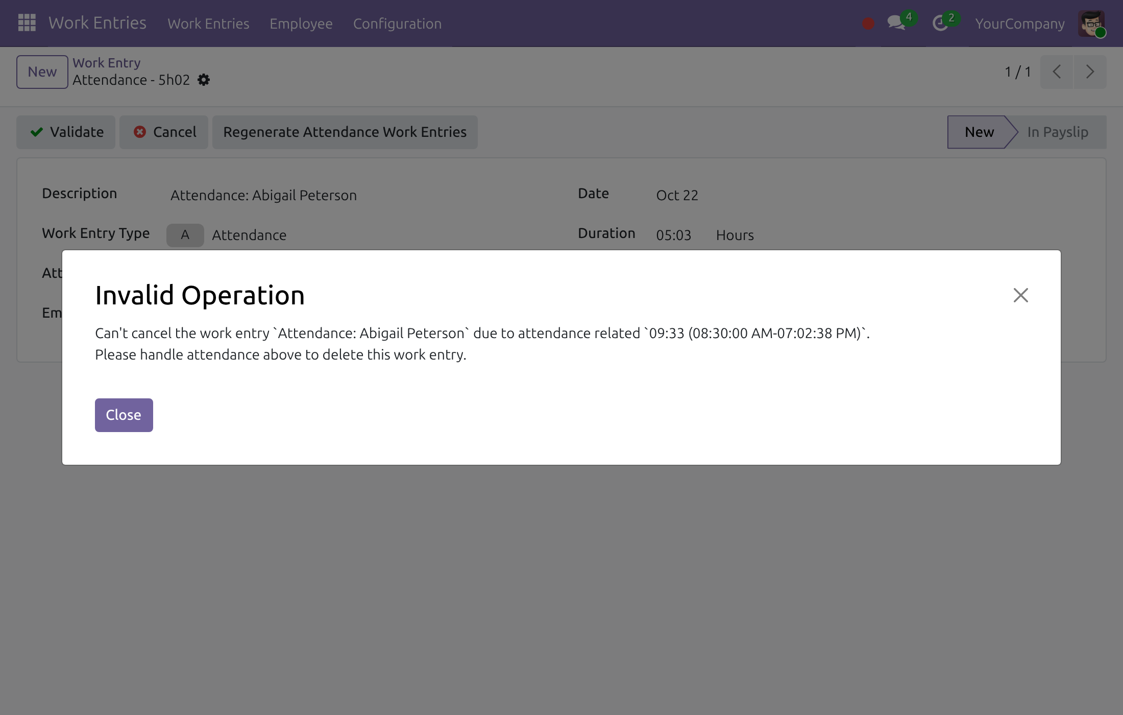 The message shown when cancelling an entry that comes from an attendance