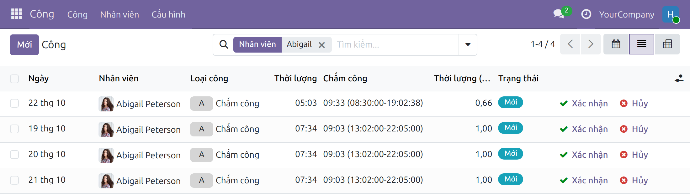 Các công của một nhân viên cùng lượt chấm công