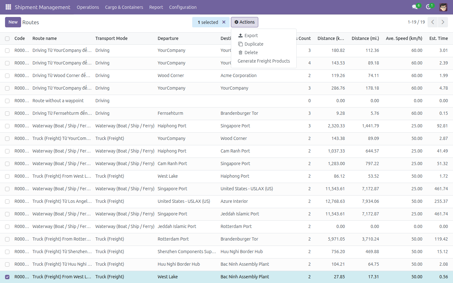 The Actions menu showing Generate Freight Products