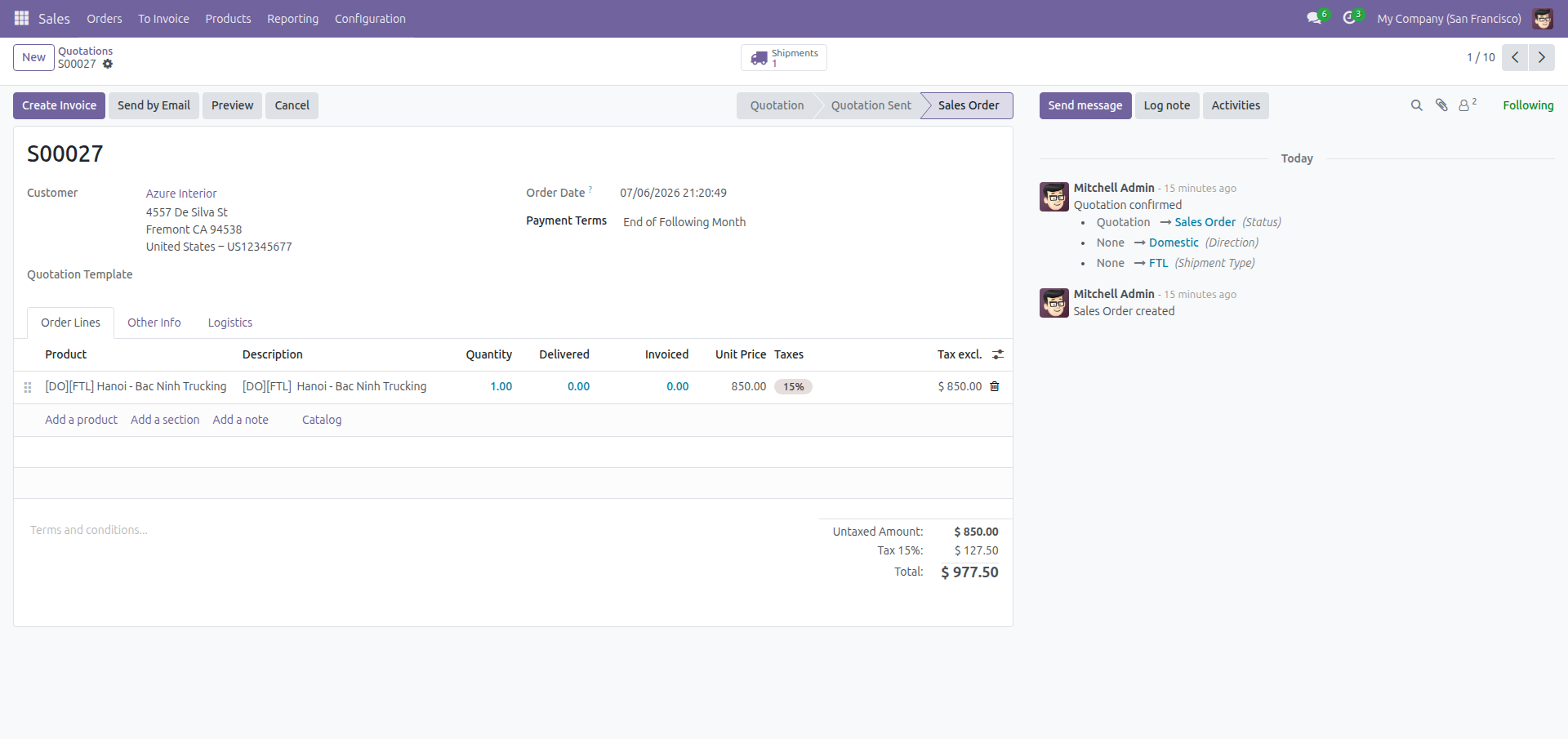 Sales order confirmed and linked to its logistics shipment
