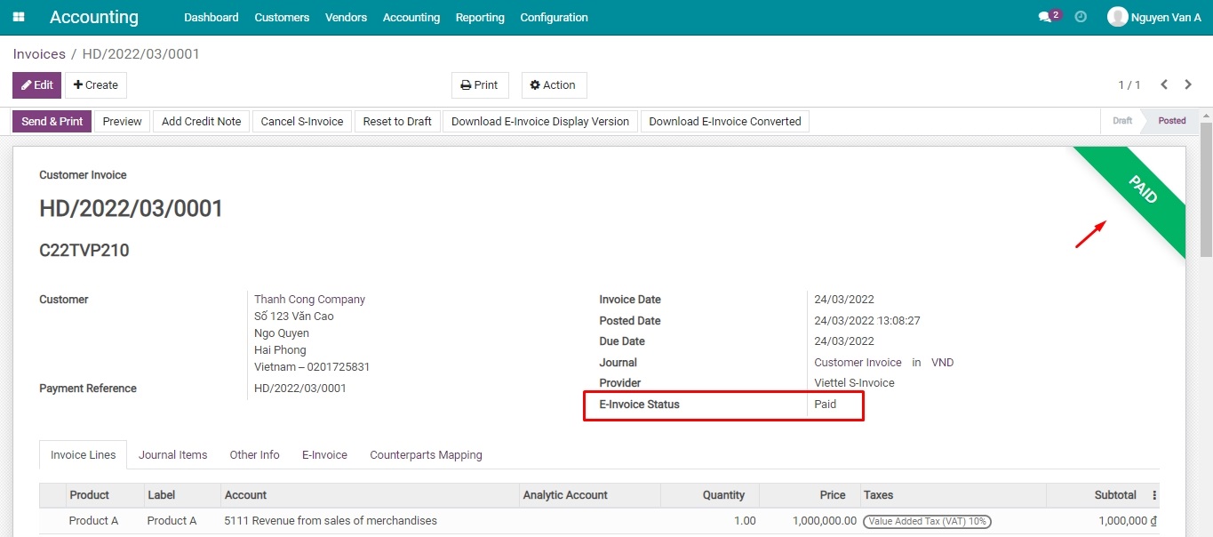 the E-invoice staus on the Viindoo Software